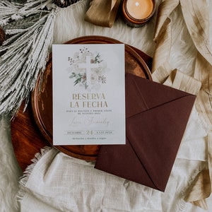 Pampas grasses bautizo reserva la fecha invitacion en español printable, bohemian flowers save the date baptism invitation in spanish - C007