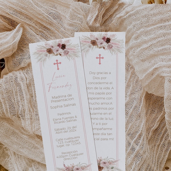 Prayer card with pink flowers baptism for girl in spanish printable, tarjeta de oración bautizo boho en español, pampas grass baptism -C032