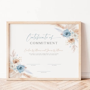 Boho blue beige roses pampas grass certificate of commitment, commitment ceremony certificate template, wedding keepsake certificate - C331