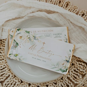 Bautizo chocolate etiqueta flores blancas español, chocolate bar wrapper template spanish, green golden cross spanish candy bar label - C010