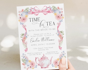 Editables modern Time For Tea With The Bride To Be invite, wildflowers arch with a bow bridal shower invite, bridal tea party invite - C458