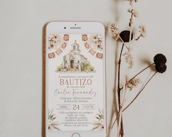 Boho beige blommigt mexikanskt tema dop pojke inbjudan iPhone redigerbar på spanska, mexikansk digital invitación bautizo niño en español -C464