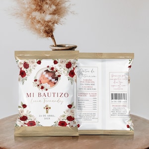 Spanish Editable Chip Bag Wrapper for Girl Baptism with Photo: Boho, Ruby White Roses, Gold Cross, Etiqueta Zumo Diseño Bautizo Niña -C493