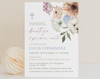 Modern baptism and 1st birthday boy girl spanish invitation template, boho de bautizo y primer añito niño niña invitación en español -C034