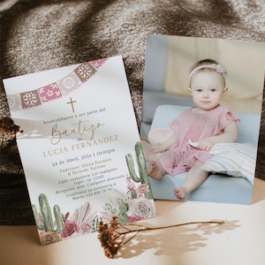 Boho pink beige floral & cacti baptism girl mexican themed invitation template spanish, invitación mexicana fiesta bautizo en español - C472