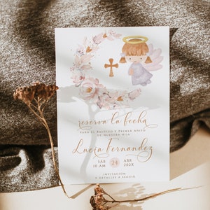 Reserva la fecha invitacion para bautizo y primer añito de nuestro hija, angel save the date baptism 1st birthday invite in spanish - C154