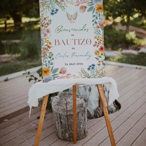 Angel & colorful flowers baptism boy mexico themed party welcome sign template, cartel de bienvenida fiesta bautizo con flores español -C440