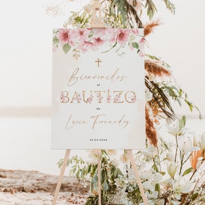 Cartel de bienvenida española para bautizo niña con flores rosas, pink floral and gold lettering welcome board, welcome sign printable -C281