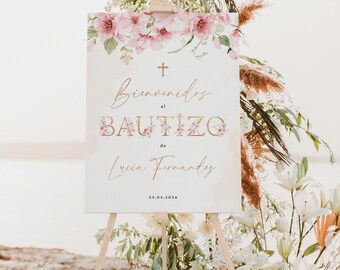 Cartel de bienvenida española para bautizo niña con flores rosas, pink floral and gold lettering welcome board, welcome sign printable -C281