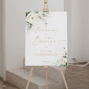 Bohemian green gold floral baptism boy/girl welcome sign editable spanish, flores blancas cartel de bienvenida para bautizo en español - C10