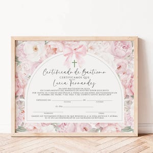 Gift Certificate of Baptism girl spanish template, boho church certificate with pink peonies & bow, recuerdo Certificado de Bautismo - C441g