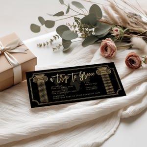 Surprise trip ticket to Greece template, event weekend trip gift vouchers for her/him, black gold boarding pass airline vacation to Greece