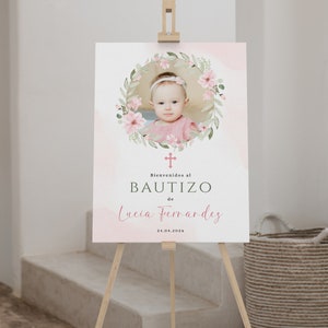 Rustic green pink flowers welcome sign baptism with photo girl spanish printable, cartel floral de bienvenida bautismo con foto niña - C292