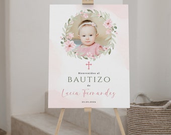 Rustic green pink flowers welcome sign baptism with photo girl spanish printable, cartel floral de bienvenida bautismo con foto niña - C292
