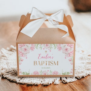Editable baptism gable box label with watercolor pink roses, boho baptism gift box, floral first communion girl party favor box label -C168