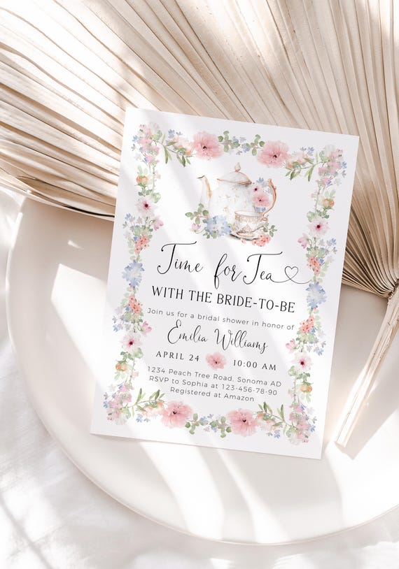 Editable Time For Tea With The Bride To Be invitation, soft pink blue wildflowers bridal shower invite, rustic floral tea party invite -C454
