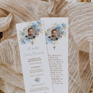 Prayer card with blue flowers baptism for boy with fhoto in spanish printable, tarjeta de oración bautizo boho en español, mi bautizo -C038