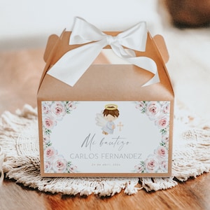 Little angel & dusty pink roses favor baptism boy gable box label spanish template, angel boho etiqueta caja bautismal niño en español -C155