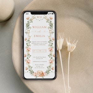 Peach flowers and eucalyptus wedding phone invitation template, electronic greenery wedding invite, modern wedding digital invite - C174