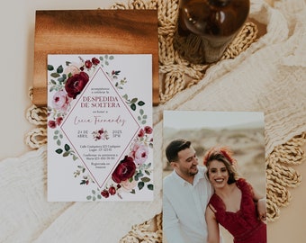 Modern burgundy pink floral geometric bridal shower invitation spanish template, floral invitación despedida de soltera en español - C395