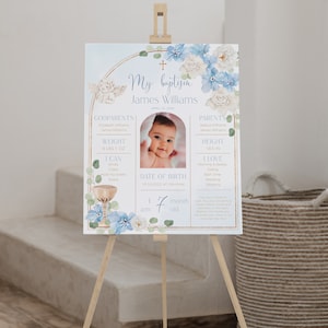 Angel baptism board sign, blue white flowers gold arch baptism milestone sign printable, dusty blue baptism welcome sign with photo - C170