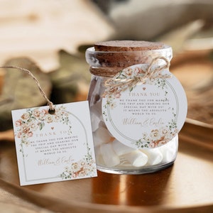 Round square wedding favor tags printable, wedding boho thank you tag, dusty pink flowers wedding gift tag, wedding guest favor label - C156