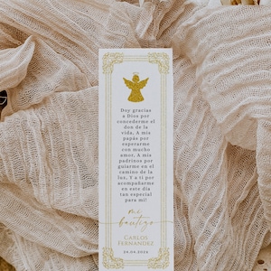 Gold angel baptism boy girl vintage bookmark decor, gold angel prayer card spanish printable, marcador de bautizos niño niña en español - C5