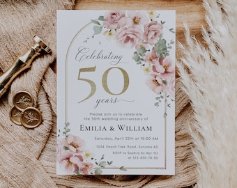 Editable 50th wedding anniversary invitation, gold anniversary template, wedding anniversary invitation text in blush pink floral arch -C183