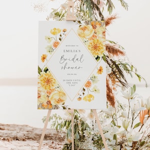 Bright floral citrus bridal shower welcome sign template, yellow orange boho flowers welcome sign, geometric wedding shower poster - C298