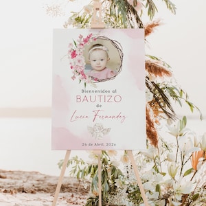 Bohemian baptism girl welcome sign floral blush pink tone printable spanish, bienvenida floral al bautizo de niña con foto en español -C438g