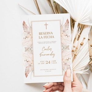 Cross bohemian Save The Date baptism boy/girl invitation spanish editable, orquídeas flores Reserva La Fecha bautizo invitación español -C23