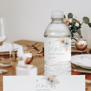 Blue boho communion water label baptism boy in spanish printable, floral bautizo agua etiquetas en español, water bottle labels decor - C018