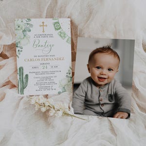 May include: Baptism invitation with text in Spanish, featuring floral and cactus illustrations. A photo of a smiling baby is next to the invitation. The invitation includes the name Carlos Fernandez, date, time, and contact information.