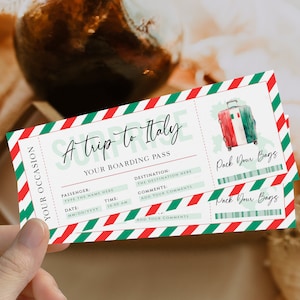 Holiday gift boarding pass printable, gift ticket a trip to Italy, birthday gift boarding pass, red green сustom gift voucher, surprise trip