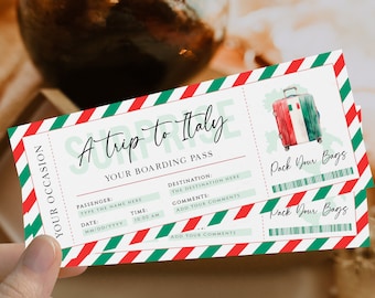 Holiday gift boarding pass printable, gift ticket a trip to Italy, birthday gift boarding pass, red green сustom gift voucher, surprise trip