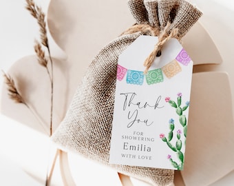 Blooming cactus bridal shower favor tags editable, fiesta bridal shower minimalist thank you tags, boho mexican theme showering tags - C375