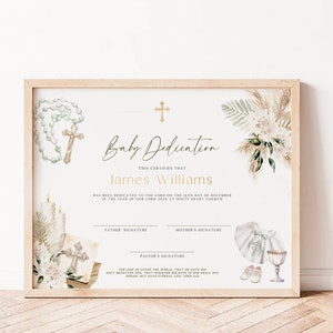 Baby Dedication certificate for boy template, dark green & beige baptism gift certificate, boho flowers and pampas church certificate - C316