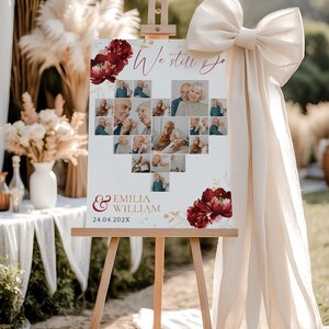 We Still Do Wedding Anniversary Photo Collage Printable(4 Size): Modern Geometric Heart-shaped Couple Picture Collage, Ruby Gold Floral-C243