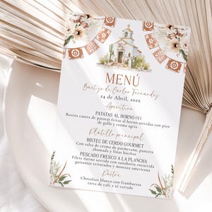 Boho beige floral mexican theme baptism party menu spanish printable, christening boy menu card, menú  celebración de bautizo español - C464