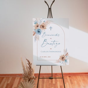 Boho flowers and pampas grass welcome sign baptism boy in spanish printable, cartel de bienvenida bautizo niño con flores en español -C16