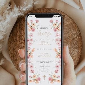 Española digitale uitnodiging bautizo niña, bewerkbare smartphone dooptekst uitnodigen Spaans, boho wilde bloemen doop meisje uitnodigen - C289