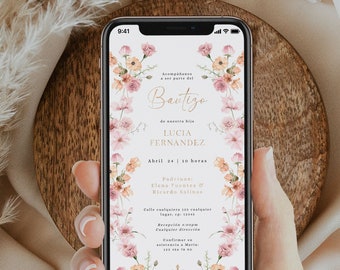 May include: A digital invitation with a floral border in shades of pink and orange. The text reads "Acompáñanos a ser parte del Bautizo de nuestra hija LUCIA FERNANDEZ Abril 24 | 10 horas Padrinos: Elena Fuentes & Ricardo Salinas Calle cualquiera 123 cualquier lugar, cp: 12345 Recepción 4:00pm Cualquier dirección Confirmar su asistencia a Maria: 123 456 780 +"