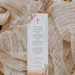 Mi bautizo tarjeta de oración bautismo niña imprimible con flores rosas, baptism bookmark with boho desert flowering cacti spanish - C343