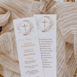 Bohemian plumas beige christening prayer card in spanish printable, oraciones para bautizo niña niño en español, gold cross prayer card -C21