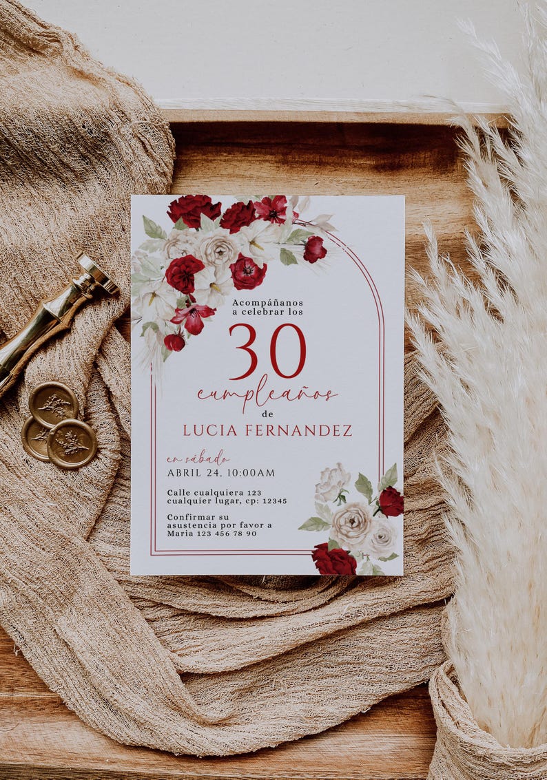 Adult 30th Birthday Party Invitation Boho Spanish Template, Ruby White ...