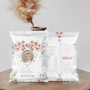 Girl baptism chip bag wrapper with photo printable, pink floral baptism chip bag label, snacks bags decor christening girl party favor -C179