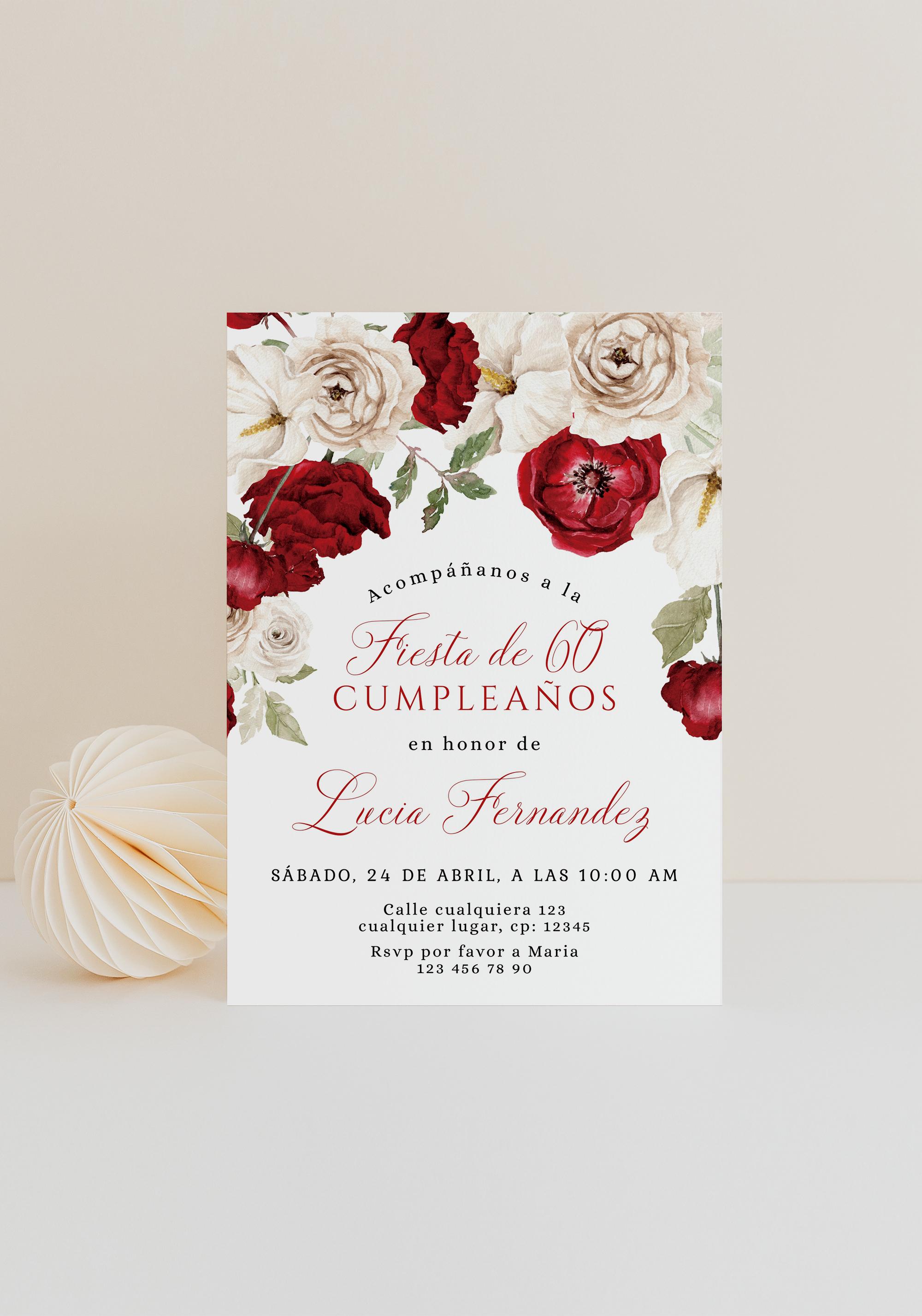 Adult 60th birthday party invitation spanish printable, boho ruby white wildflowers bday invite, invitación floral rubí 60años español -C501