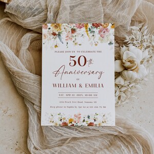 50th wedding anniversary invite, modern wildflowers wedding invitation design, gold anniversary template, any event anniversary invite -C195 image 4
