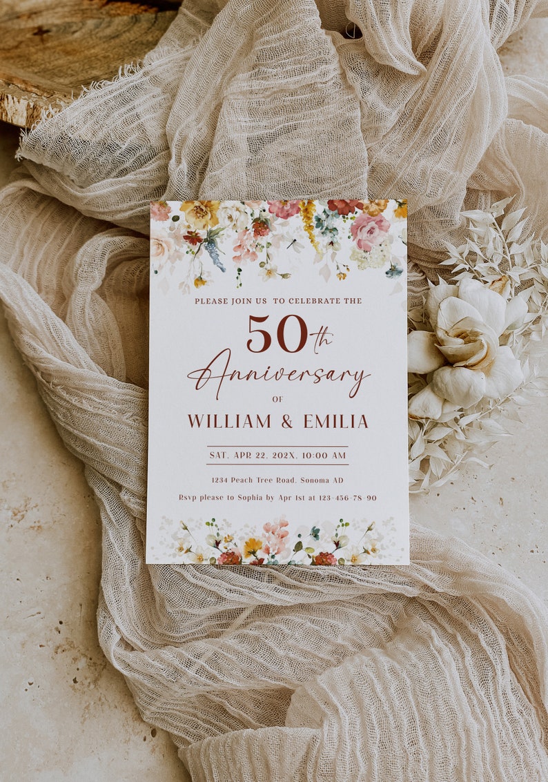 50th wedding anniversary invite, modern wildflowers wedding invitation design, gold anniversary template, any event anniversary invite -C195 image 4