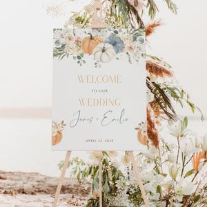 Fall wedding orange-dusty blue pumpkins party welcome poster, boho flowers wedding welcome sign template, autumn pumpkins welcome board -C43